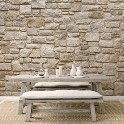 Yemek masayı etrafındaki duvar kaplaması dekoratif kültür taşı ile