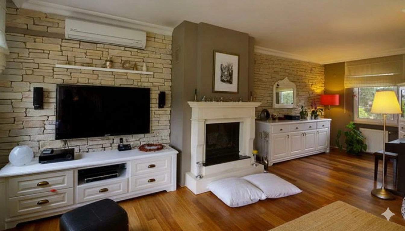 2026 TV arkası dekoratif taş kaplama modelleri genel görünüm.